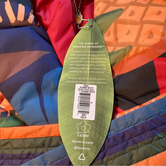 NEW FARM Rio Patchwork Tapestry Crochet Puffer Jacket Tropical Tie Belt Size XL - Picture 16 of 16